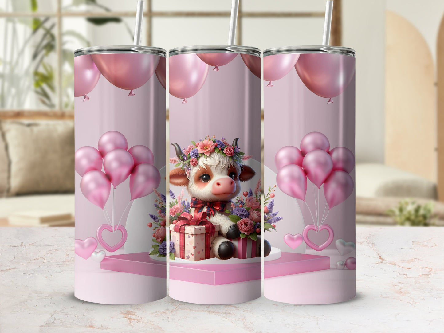Adorable Cow with Balloons and Gifts Tumbler Design