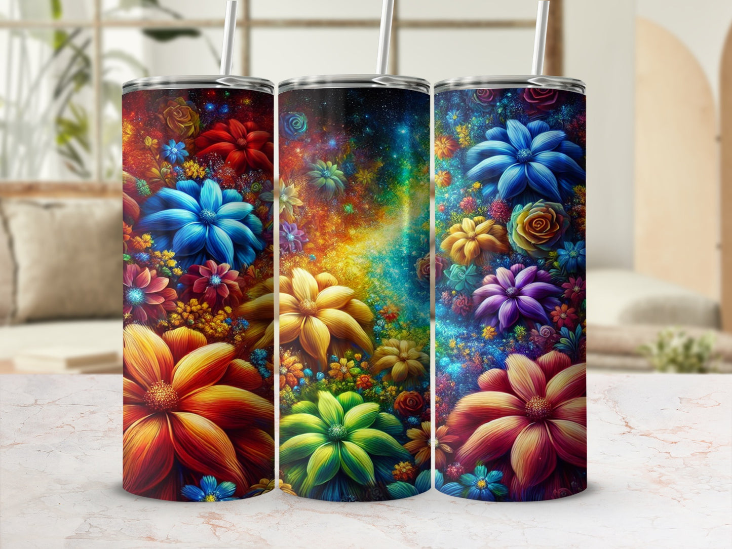 Vibrant Floral Galaxy Stainless Steel Tumblers