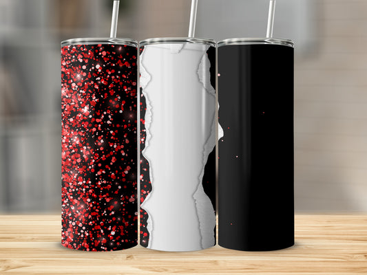 Three tumblers with different designs: red glitter, torn paper effect, and black.