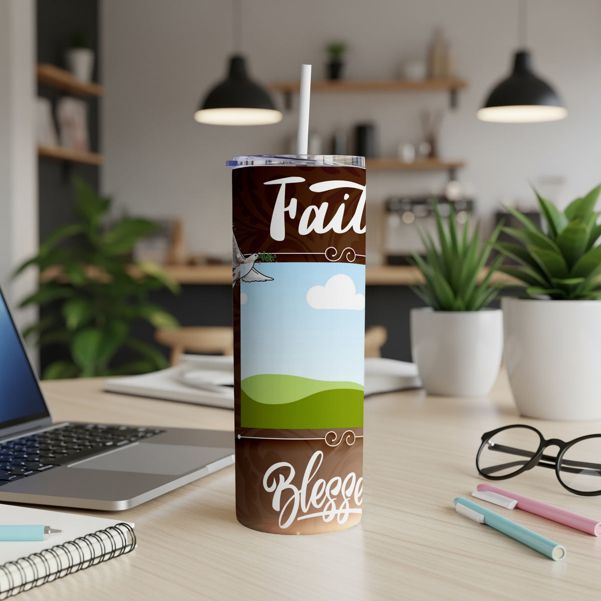 Tumbler with "Faith" and "Blessed" text and a dove flying over a landscape.