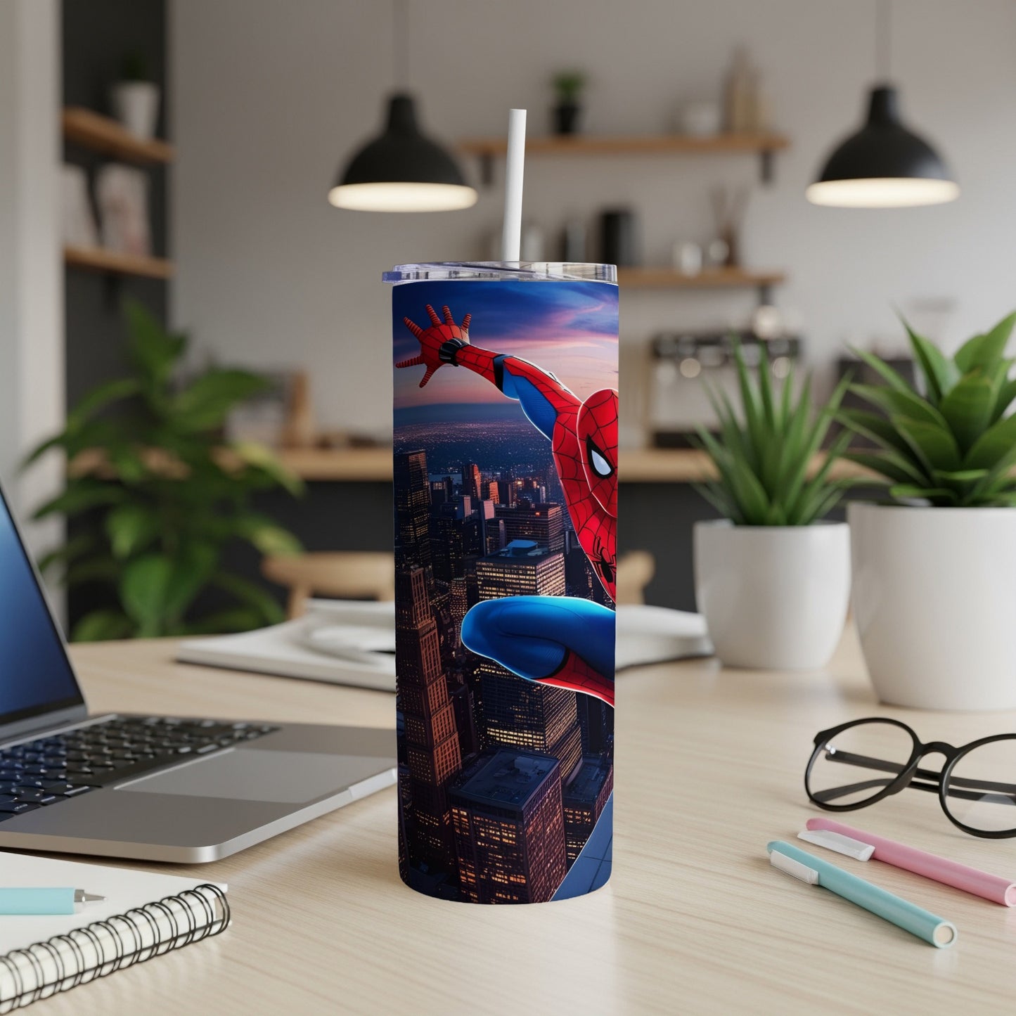 Spider-Man on a cityscape, standing tall on a tumbler cup.