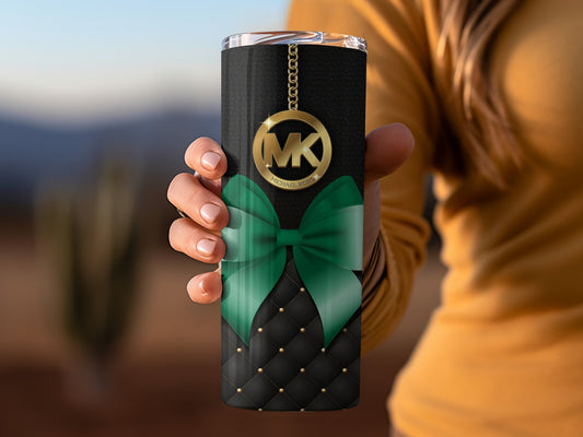 Stylish Black Tumbler with Gold MK Charm and Green Bow