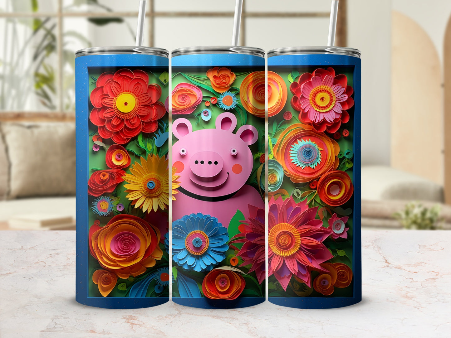 Vibrant floral and pig themed colorful tumbler