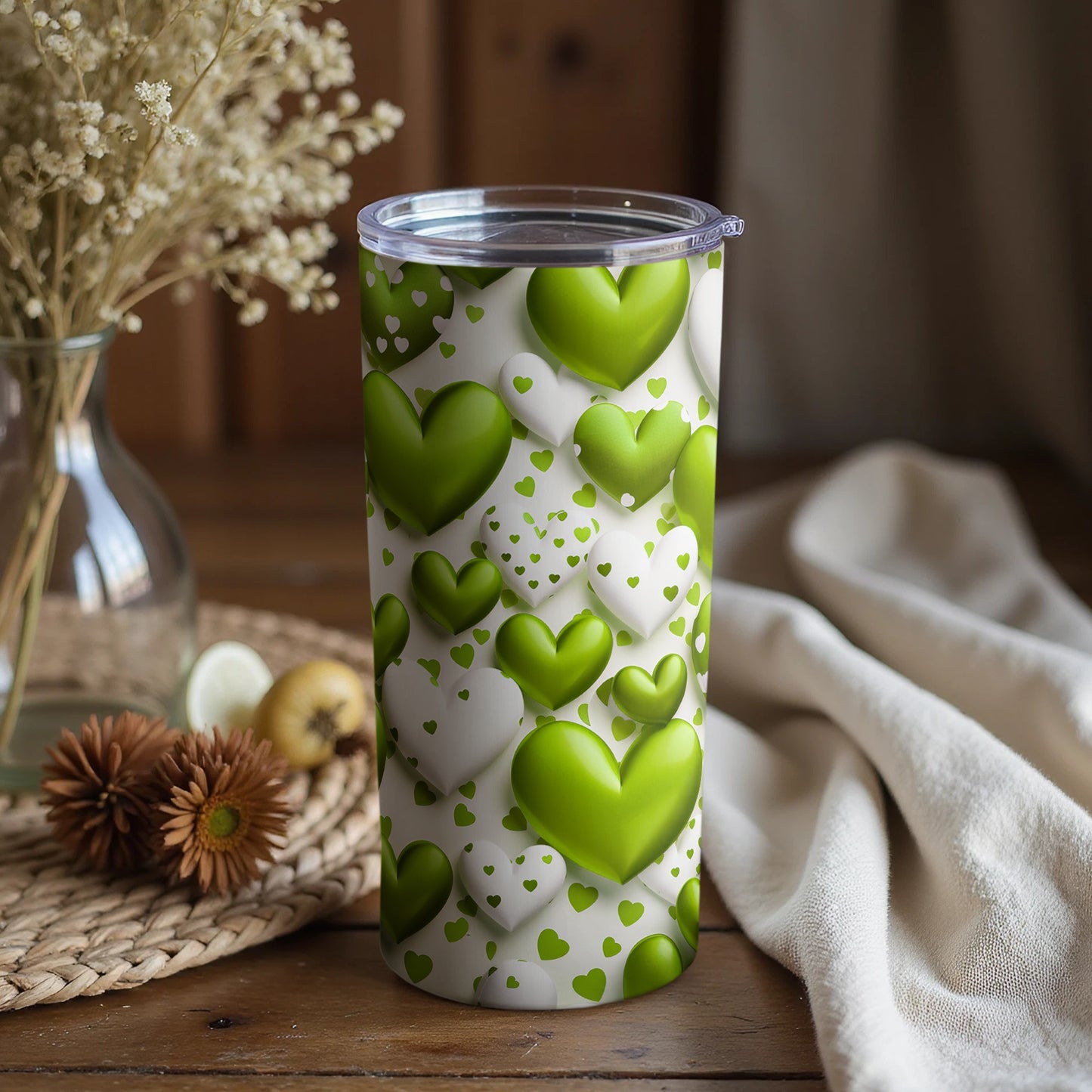Green and White Hearts Design Travel Tumbler Cup