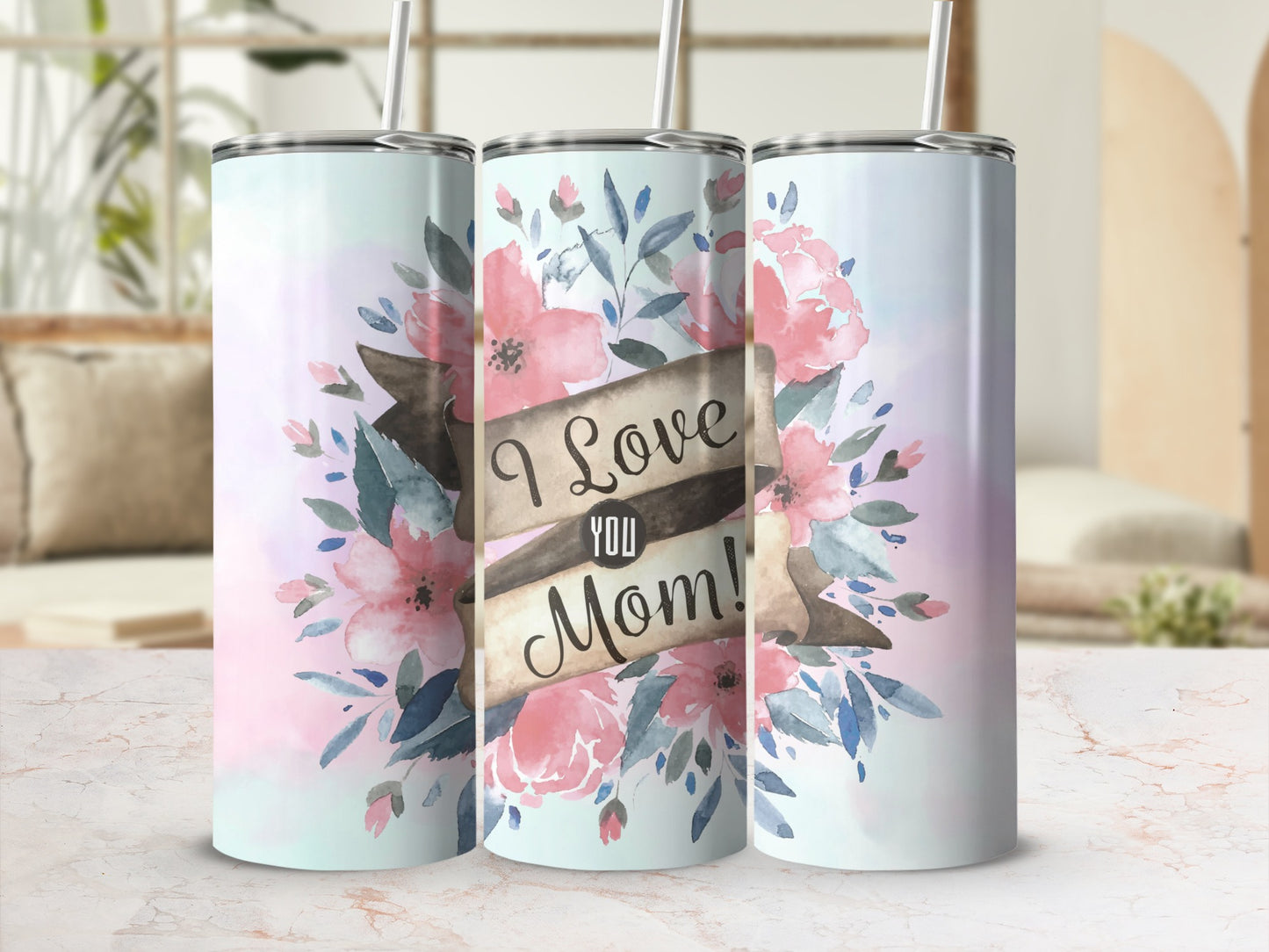 I Love You Mom Floral Design Tumbler with Straw