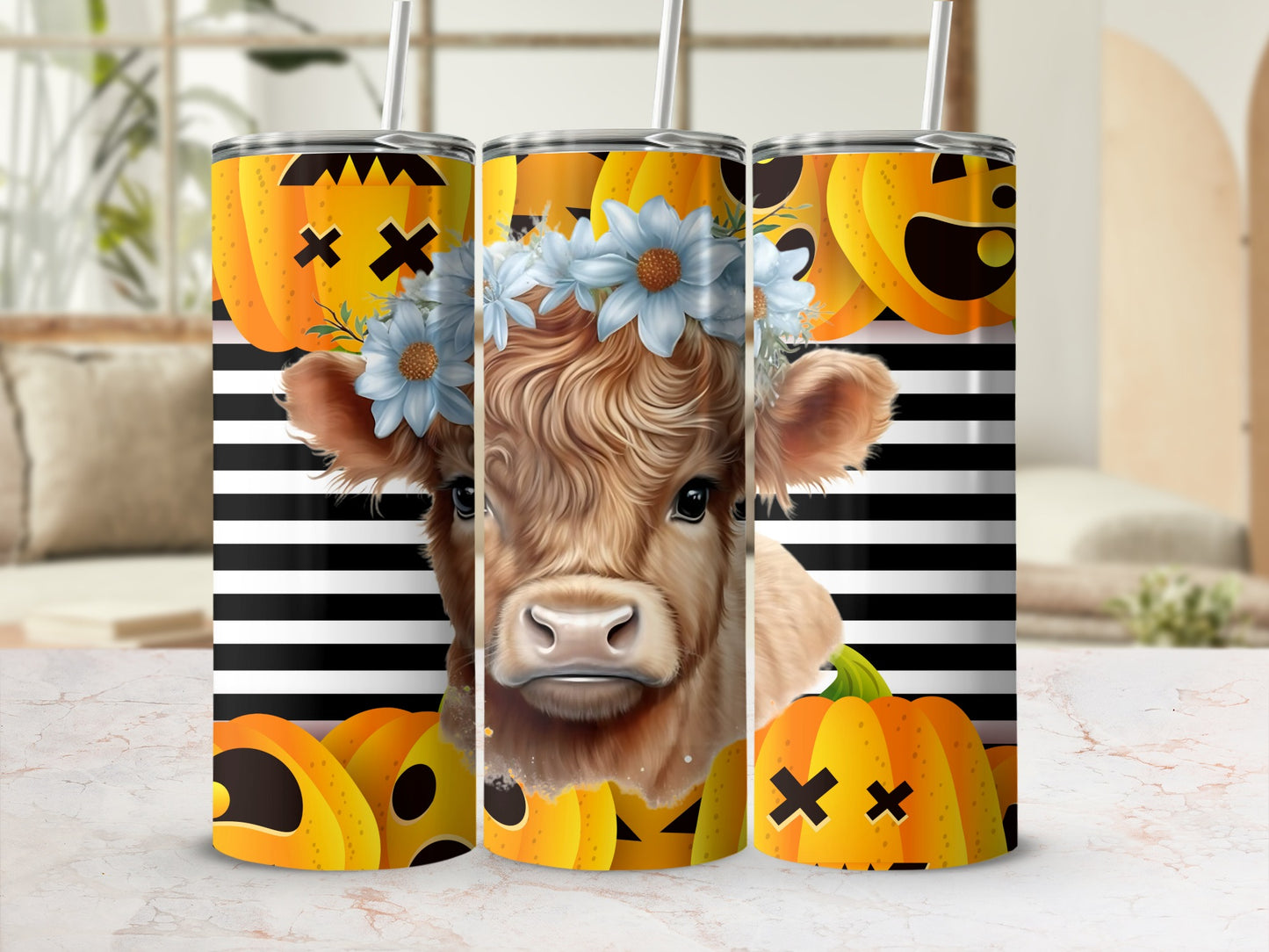 Cute Halloween Cow and Pumpkin Themed Tumbler