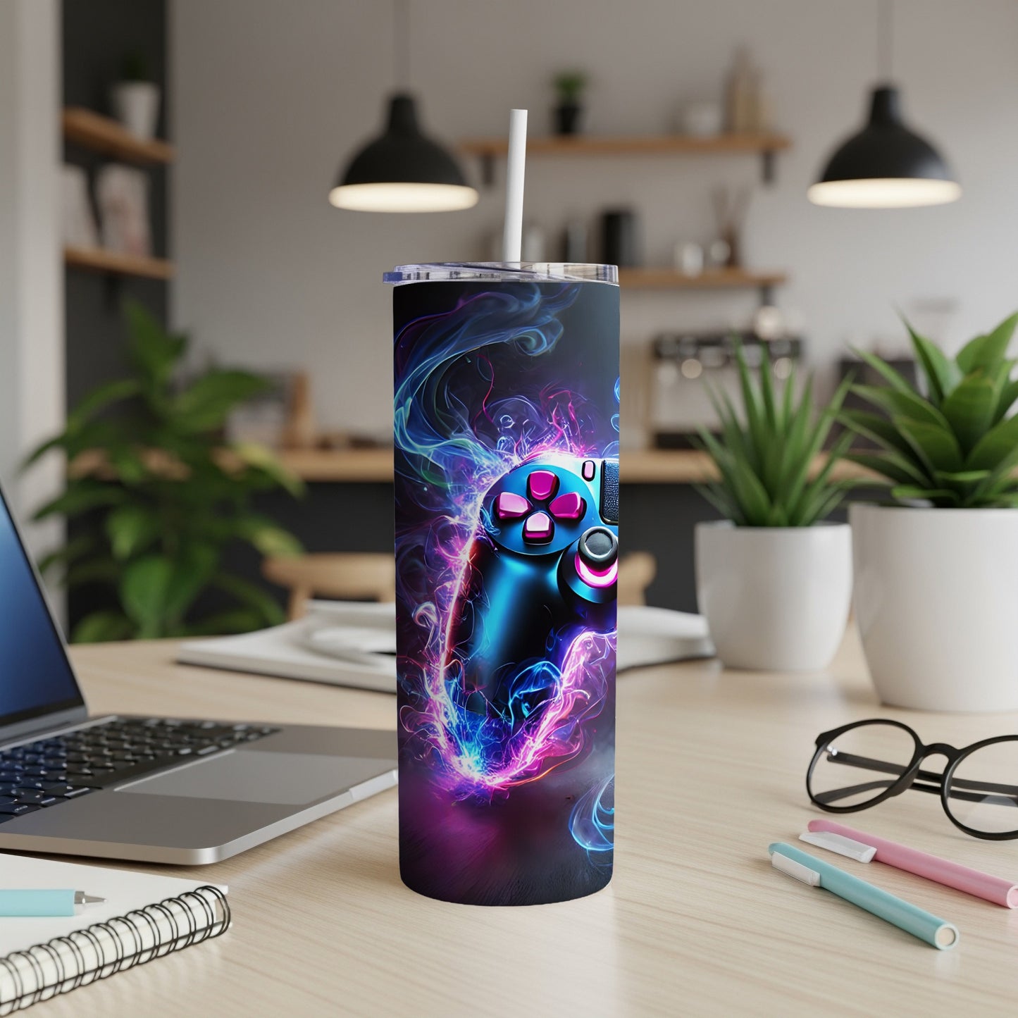 Illuminated game controller with colorful smoke trails on a tumbler.