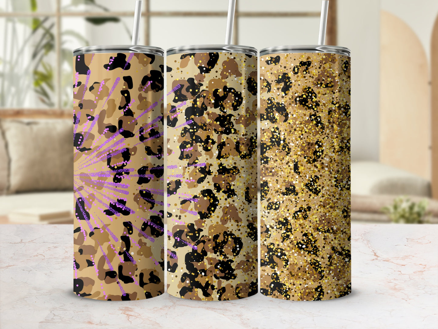 Stylish Leopard Print Tumbler with Glitter Effect Design