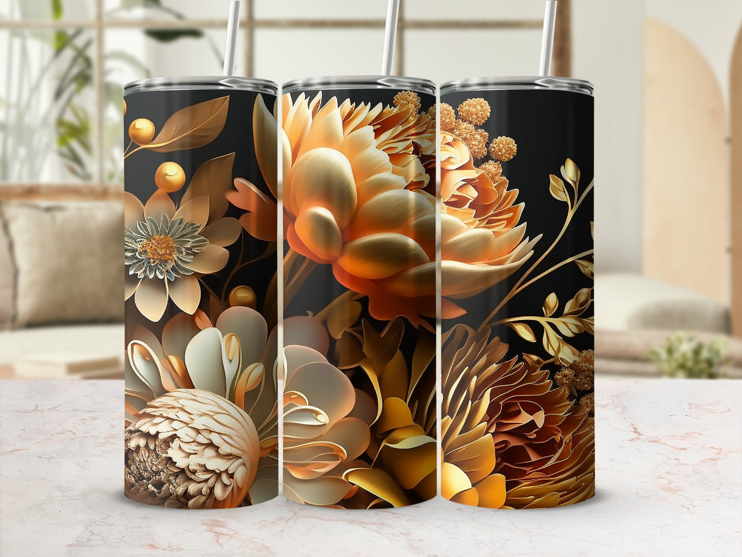 Elegant Floral Design Insulated Tumbler Cup