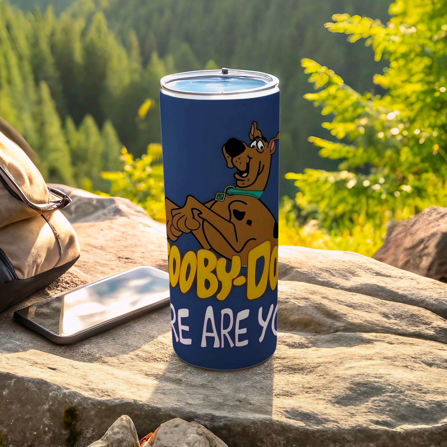 Scooby-Doo tumbler with text "Where Are You?" on a rock.