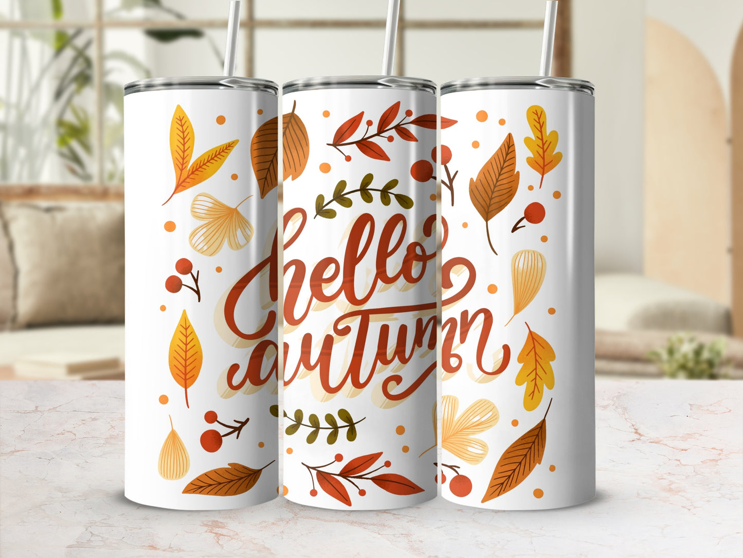 Hello Autumn Fall Leaves Design Tumbler Flask Gift