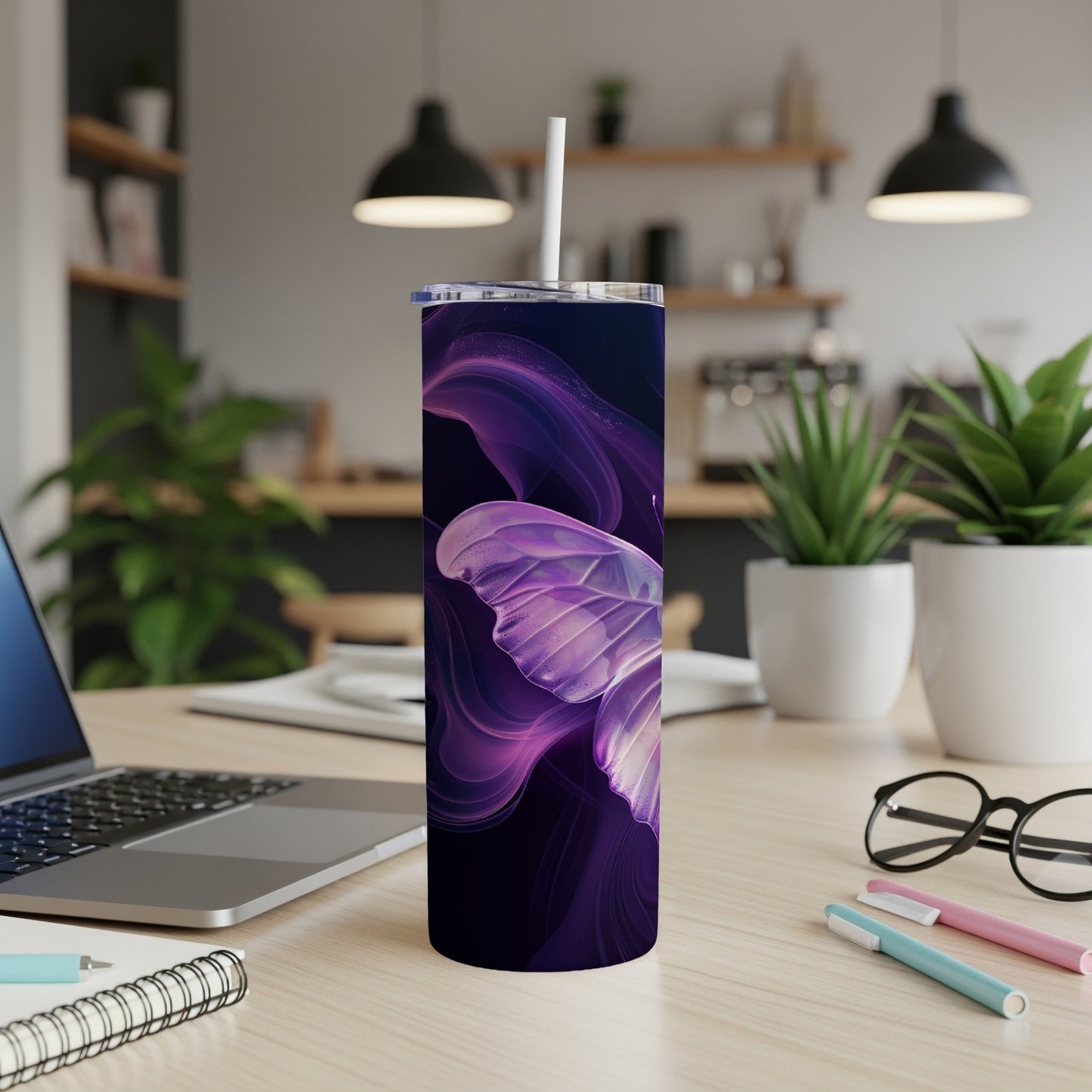 Purple butterfly on a dark background, on a reusable tumbler with a straw.
