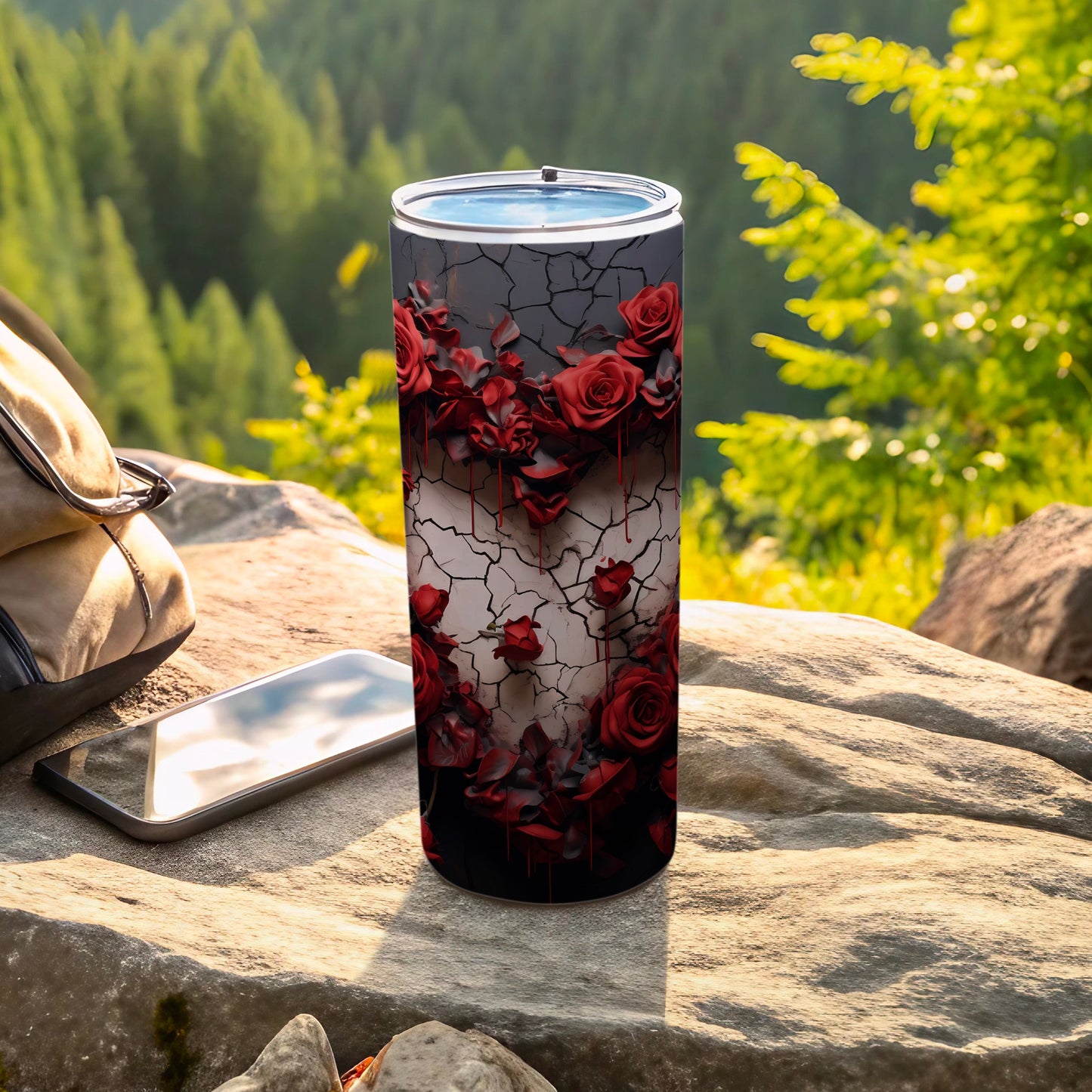 Cracked Design with Red Roses Travel Tumbler Flask