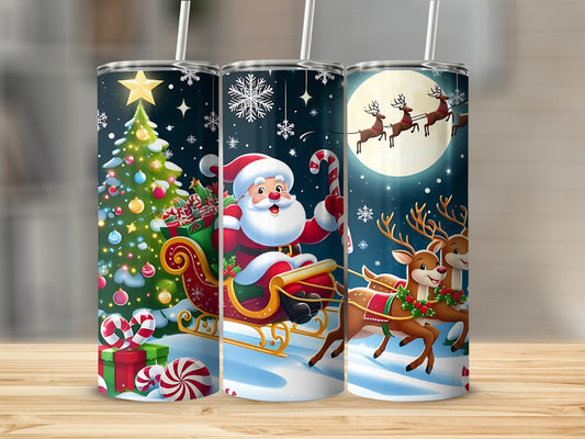 Festive Santa Sleigh and Reindeer Christmas Tumbler