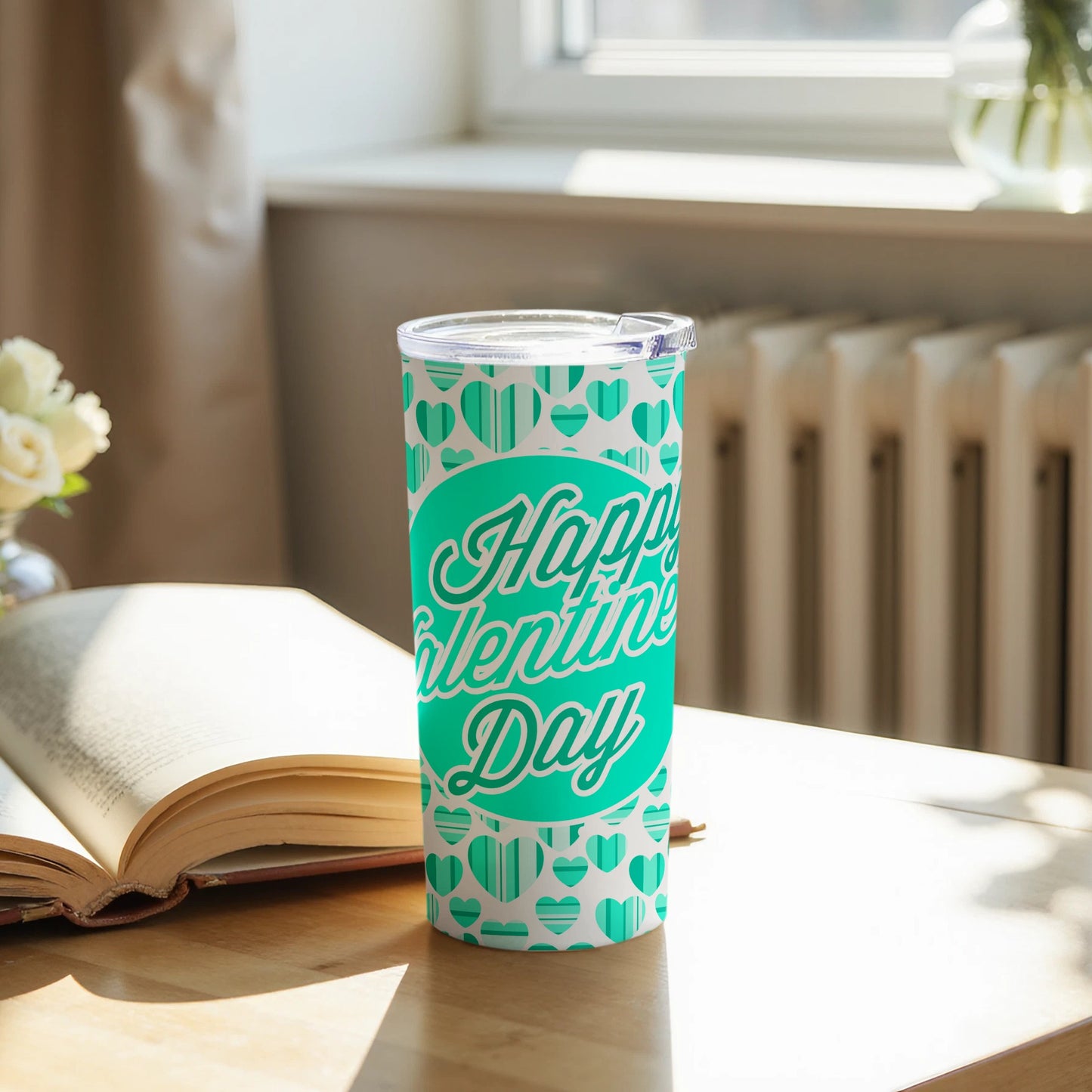 Happy Valentine's Day teal green travel mug