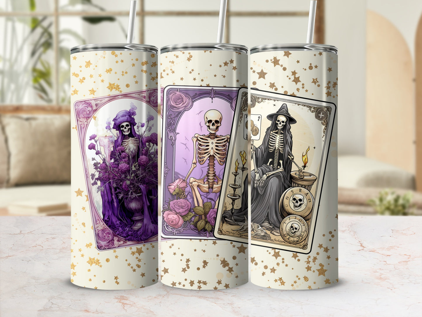 Tarot Skeleton Art Tumbler Cups Unique Halloween Decor