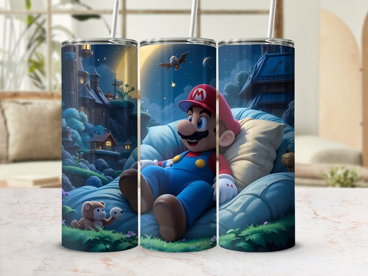 Mario-themed tumbler with night scene design tumbler