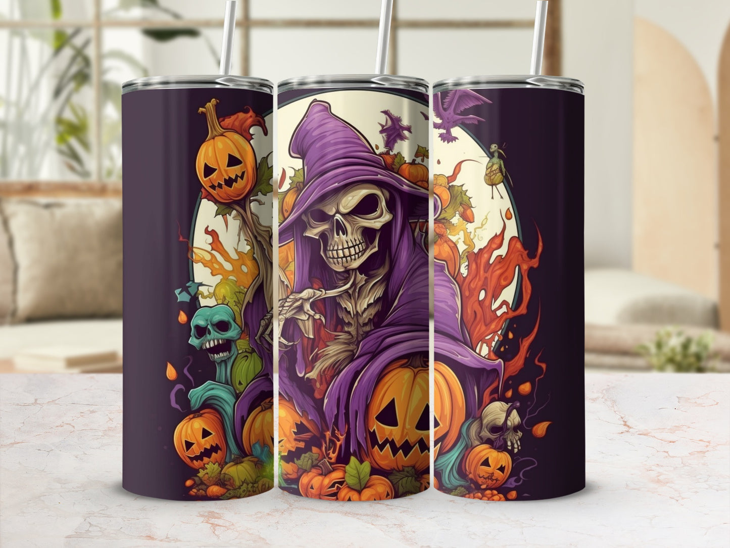 Spooky Skeleton and Pumpkins Halloween Tumbler Cup