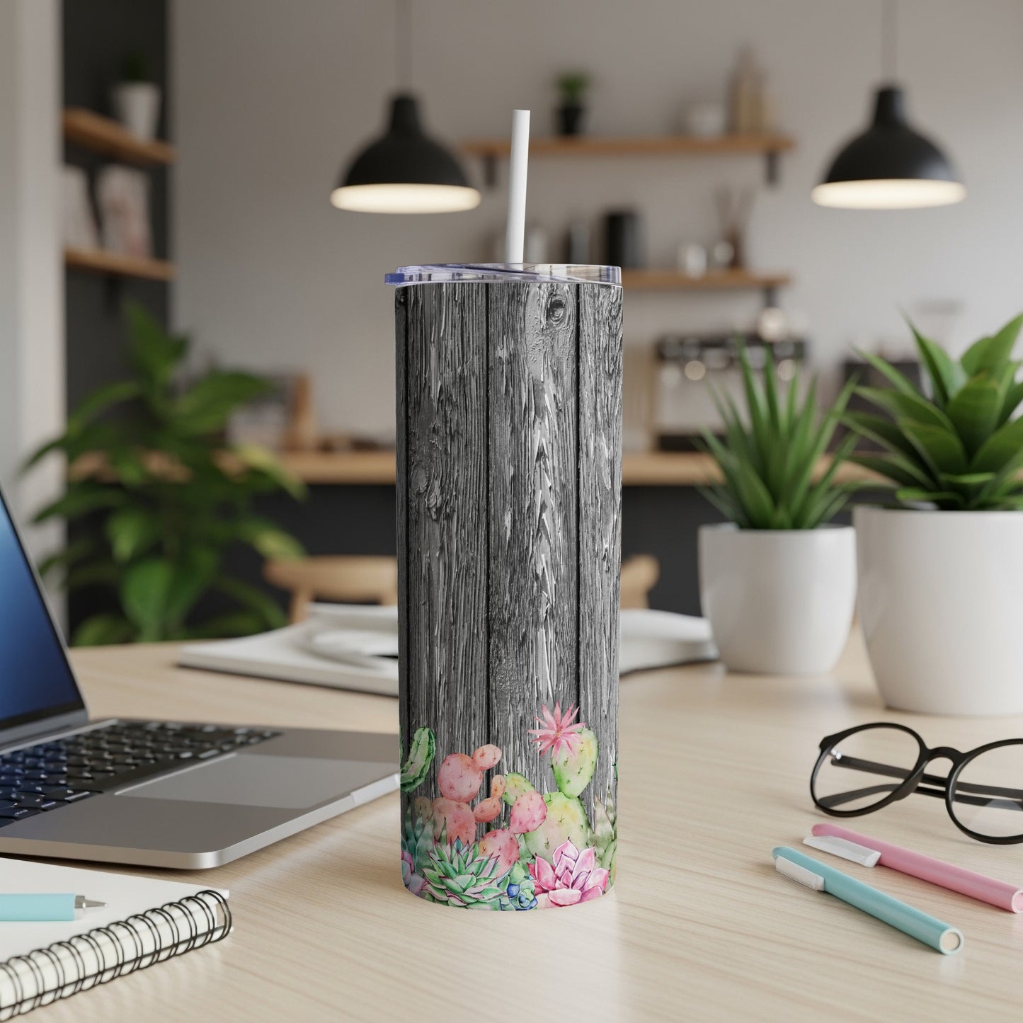 Wood-grain tumbler with colorful watercolor cacti design.