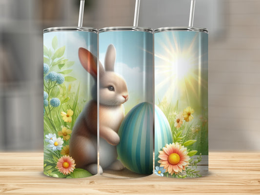 Bunny with striped Easter egg surrounded by flowers and greenery.