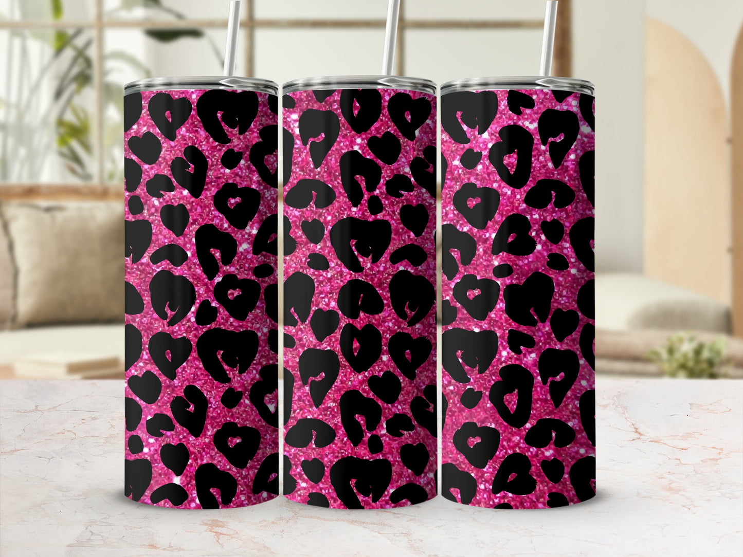 Pink Glitter Leopard Heart Pattern Tumbler product