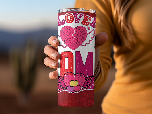 Love Mom Beverage Tumbler with Heart Design