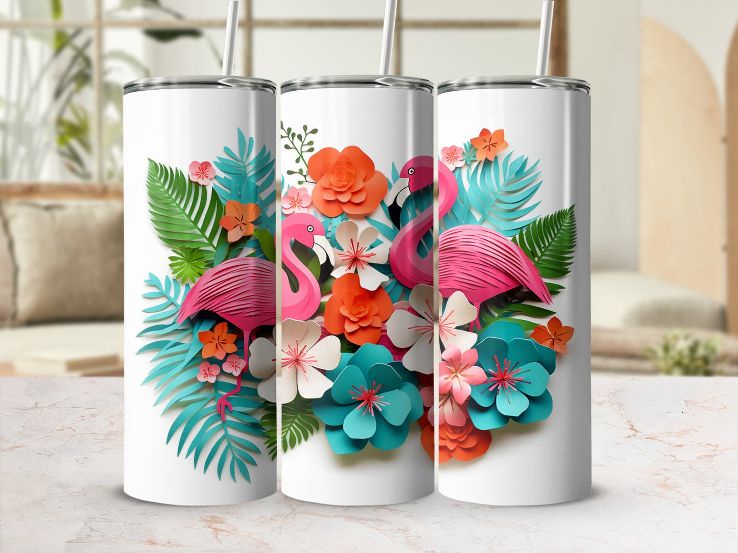 Vibrant Flamingo and Tropical Flower Design Tumbler