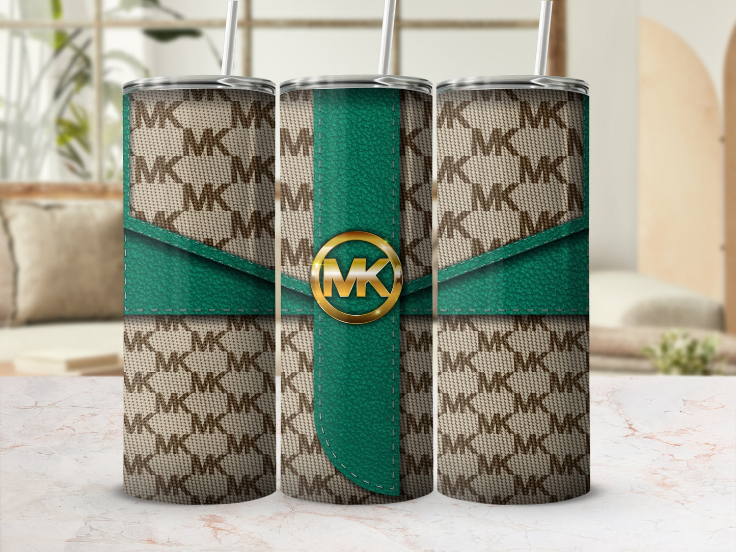 Stylish MK Patterned Tumbler with Green Accent