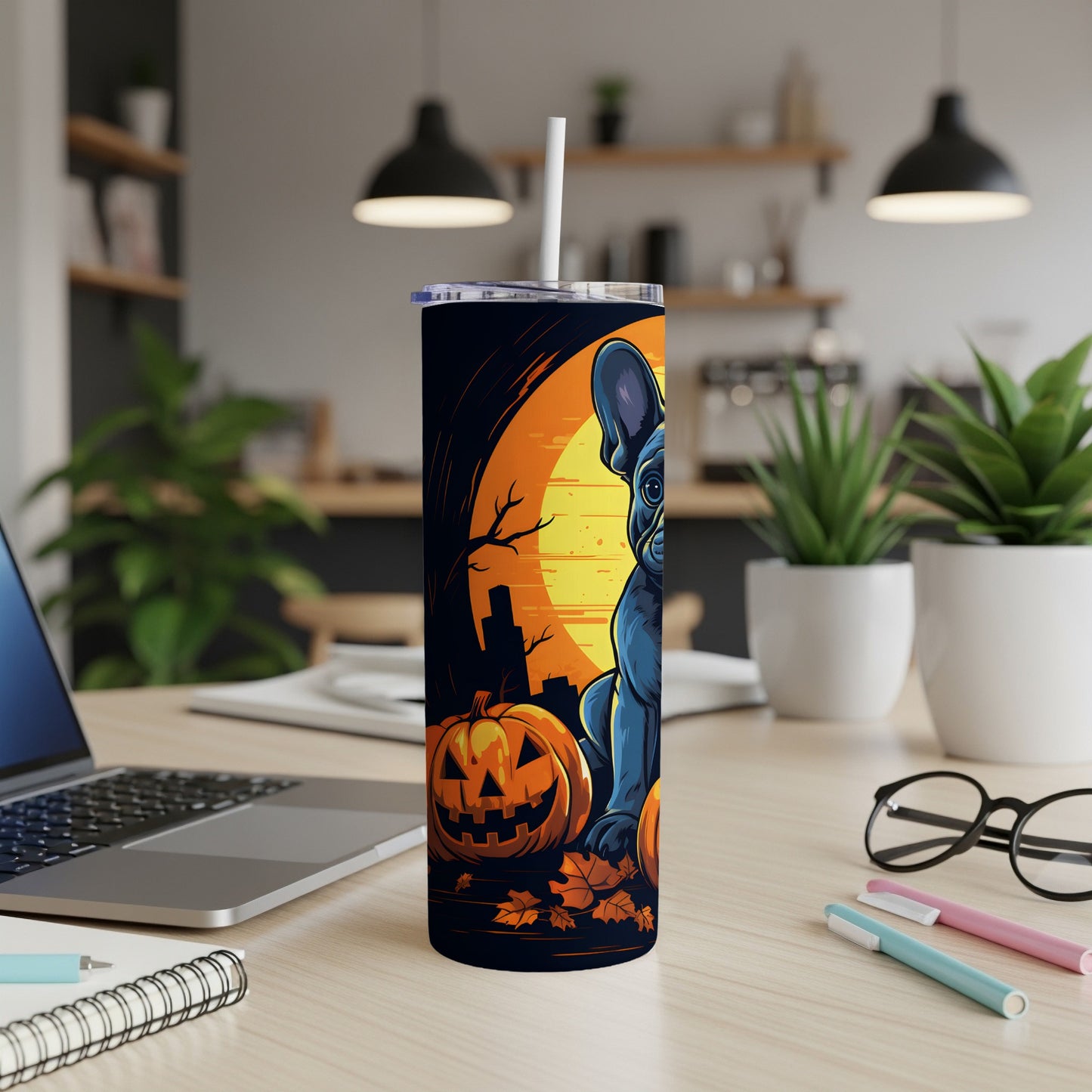 Tumbler with French bulldog, jack-o'-lanterns, and moon Halloween design.