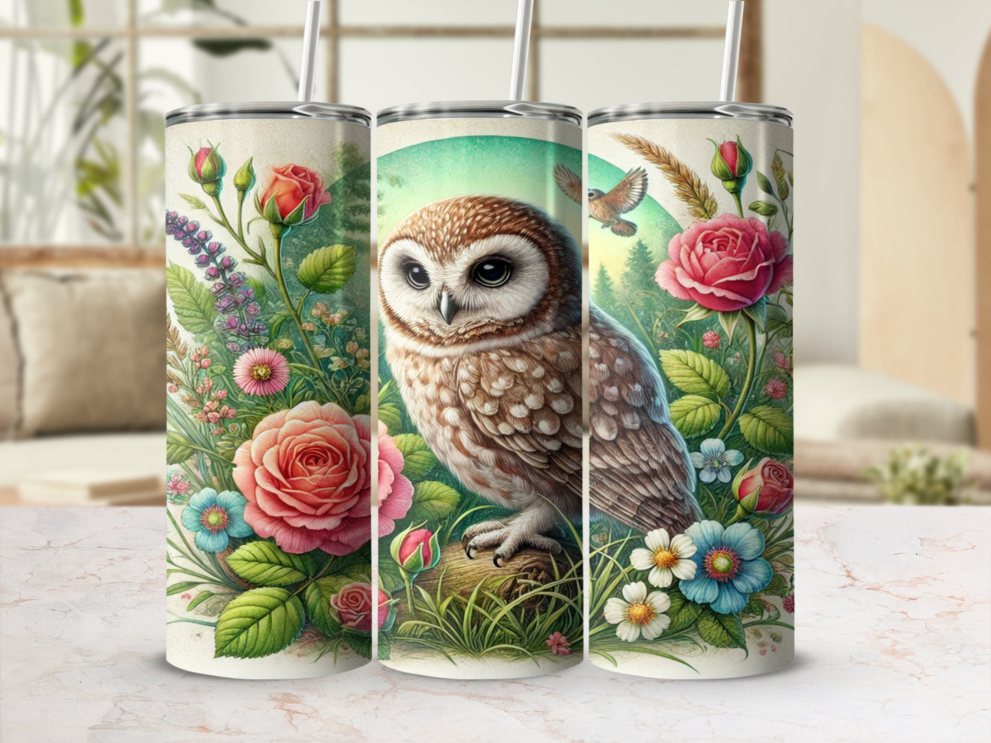 Floral Owl Illustration Stainless Steel Tumbler