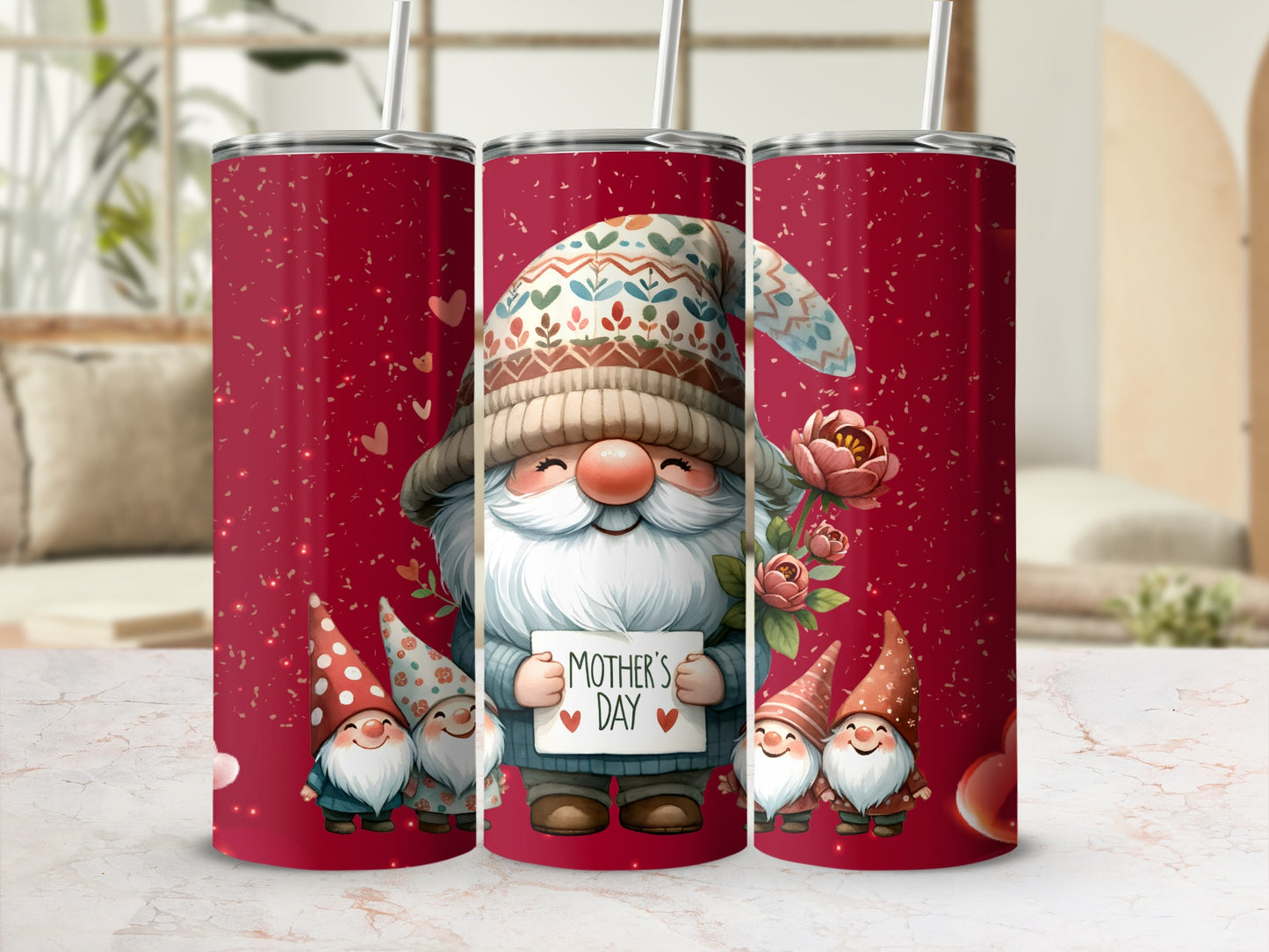 Mother's Day Gnome themed tumbler with straw