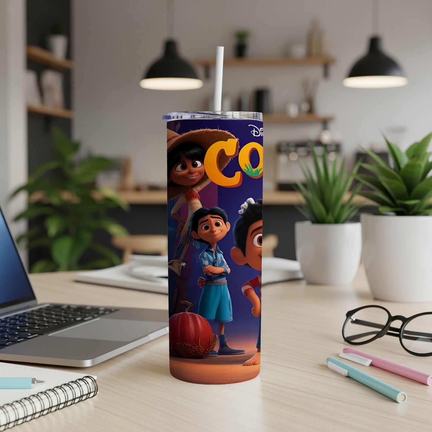 Tumbler featuring Coco characters Miguel and Hector with "Coco" logo.
