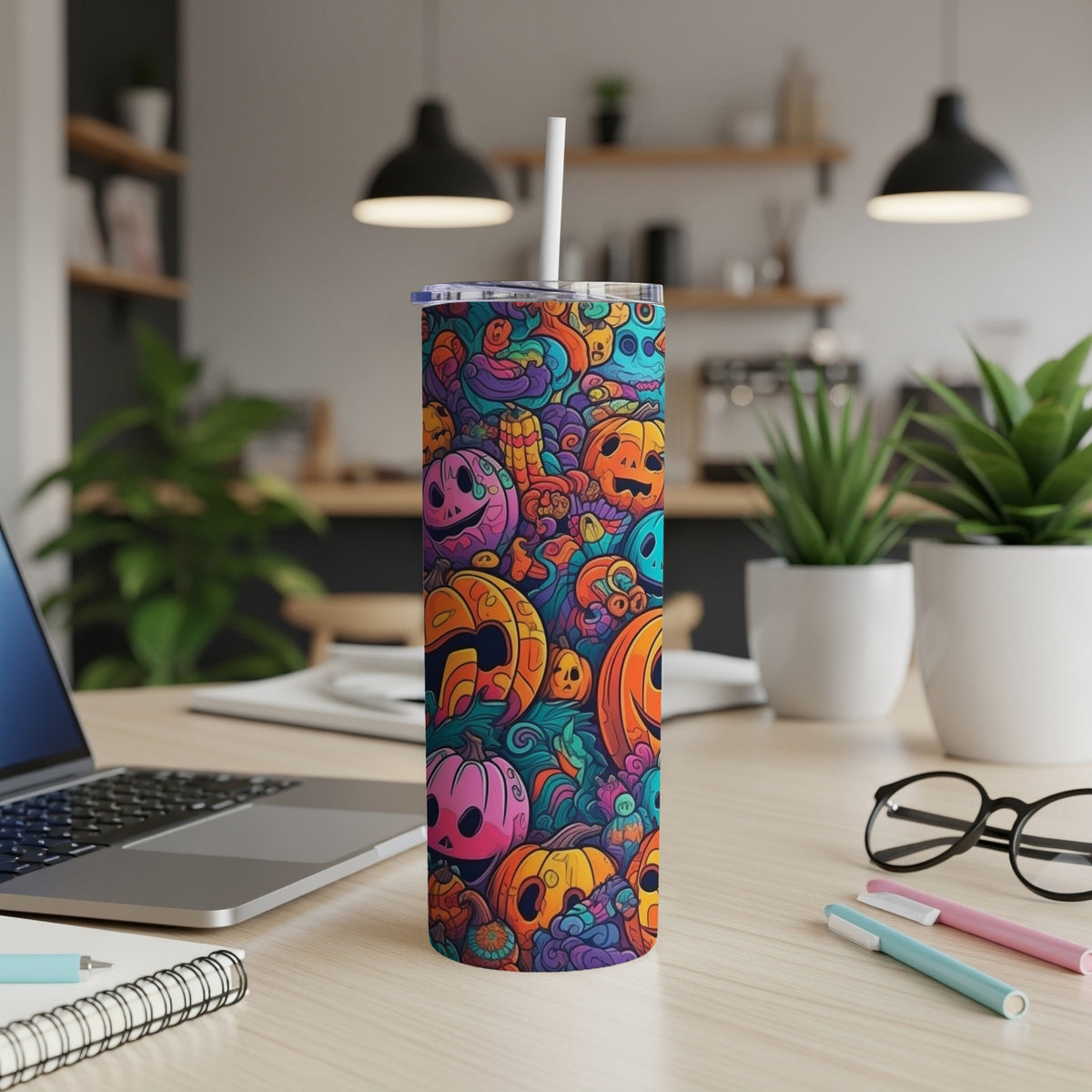 Tumbler with colorful Halloween pumpkin and monster pattern, with a straw.
