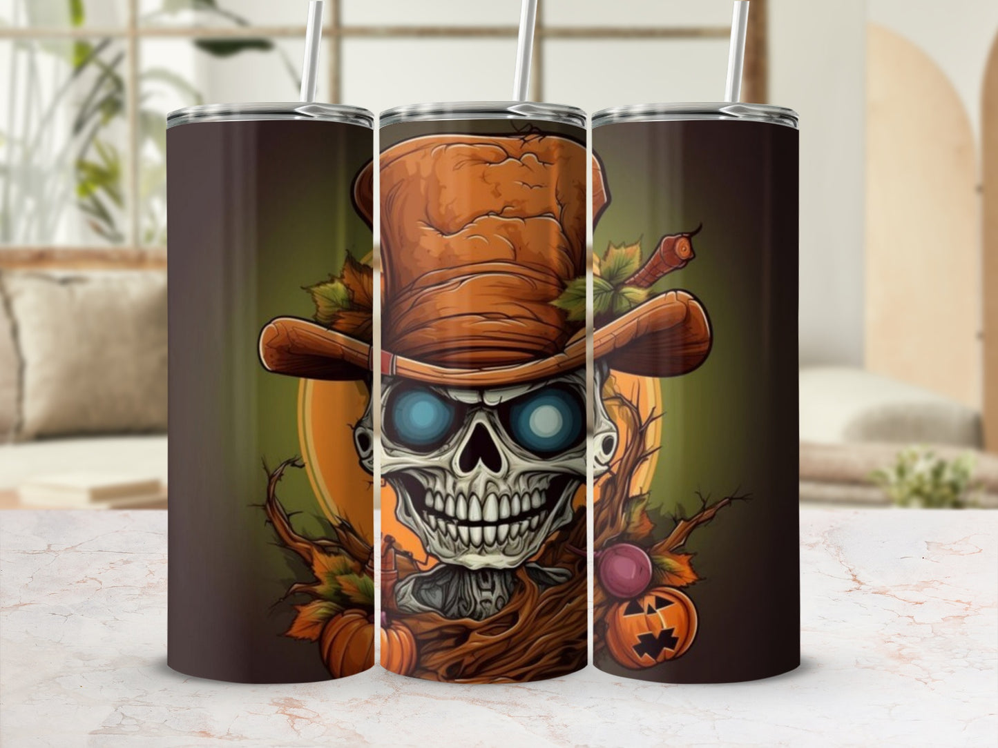 Halloween Pumpkin Skeleton with Hat Tumbler Cup