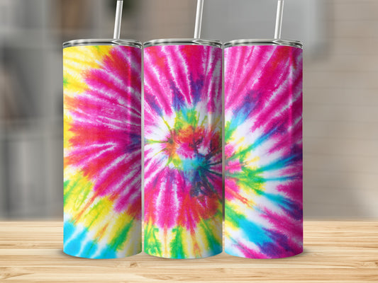 Three tumblers with a vibrant pink, yellow, and blue tie-dye pattern.