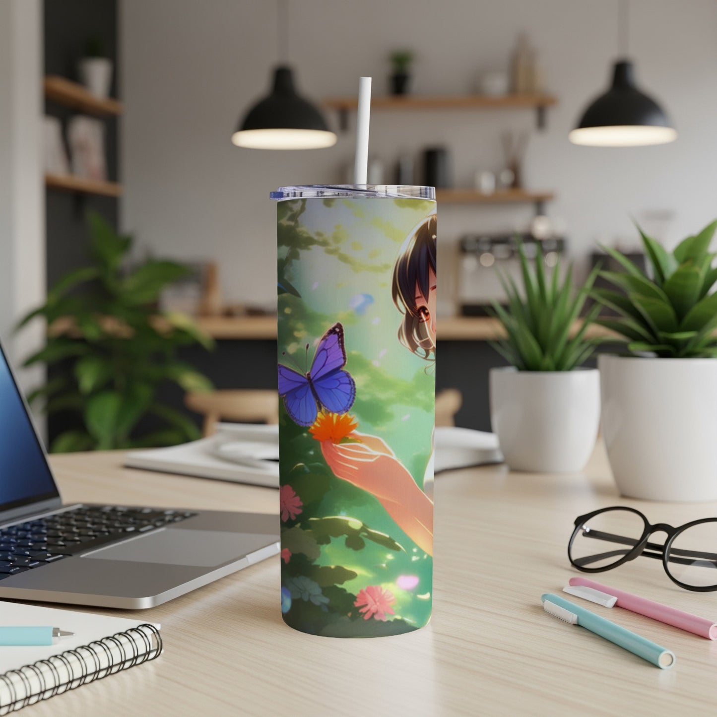 Anime girl holding a flower with a butterfly on a patterned tumbler.