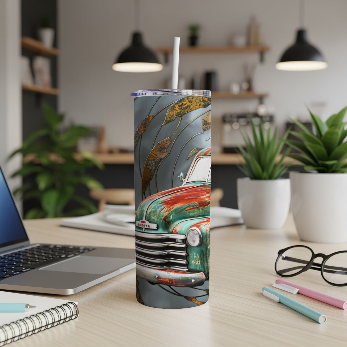 Rusty vintage truck illustration on a skinny tumbler with white straw.
