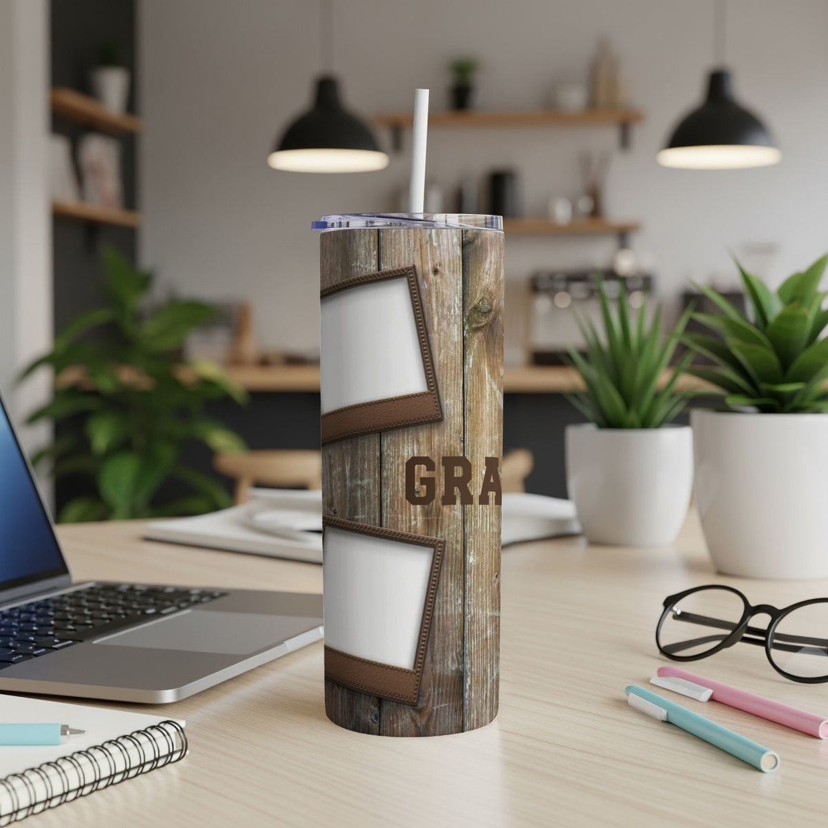 Tumbler with rustic wood design, two photo frames, and the word "GRA".