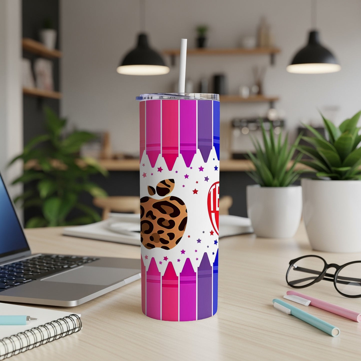 Pink and purple crayon-themed tumbler with leopard print apple and star accents.
