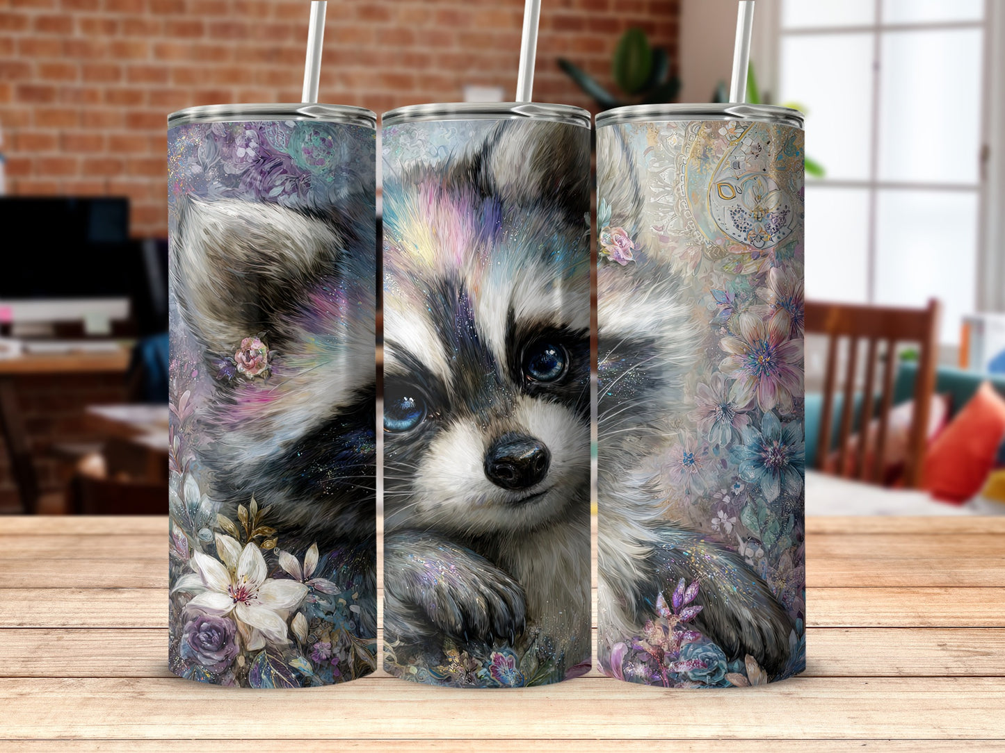 Adorable Raccoon and Floral Design Tumbler Product