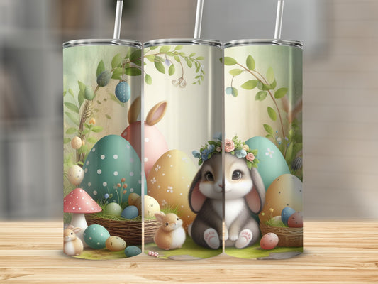 Easter bunny with eggs and floral wreath on a skinny tumbler.