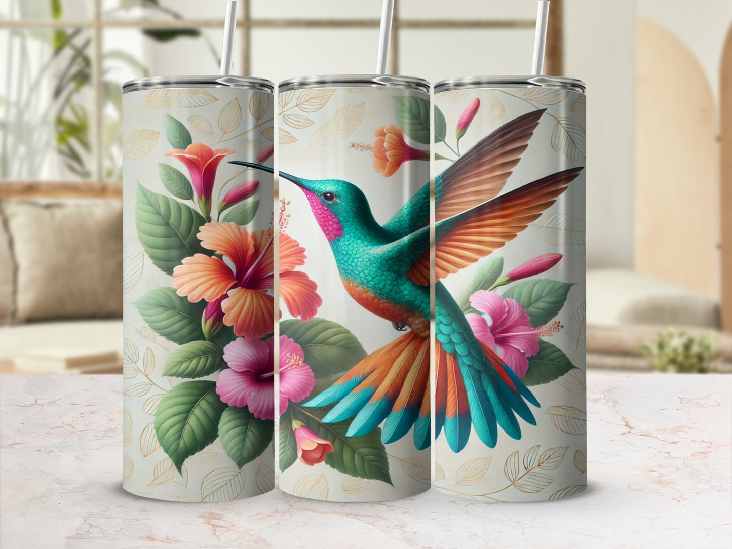 Vibrant Hummingbird and Floral Design Tumbler Product