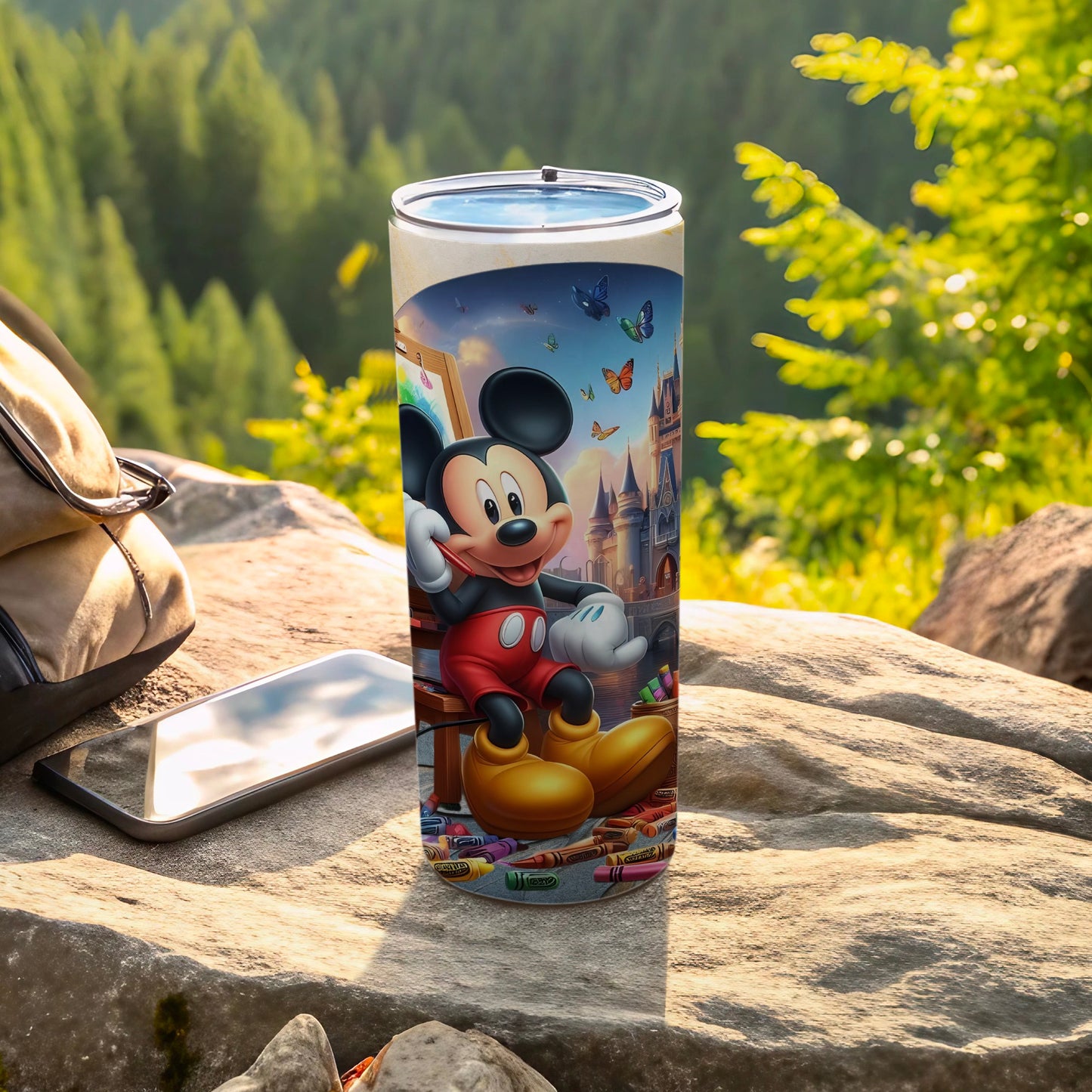 Vibrant Cartoon Character Tumbler with Scenic Background
