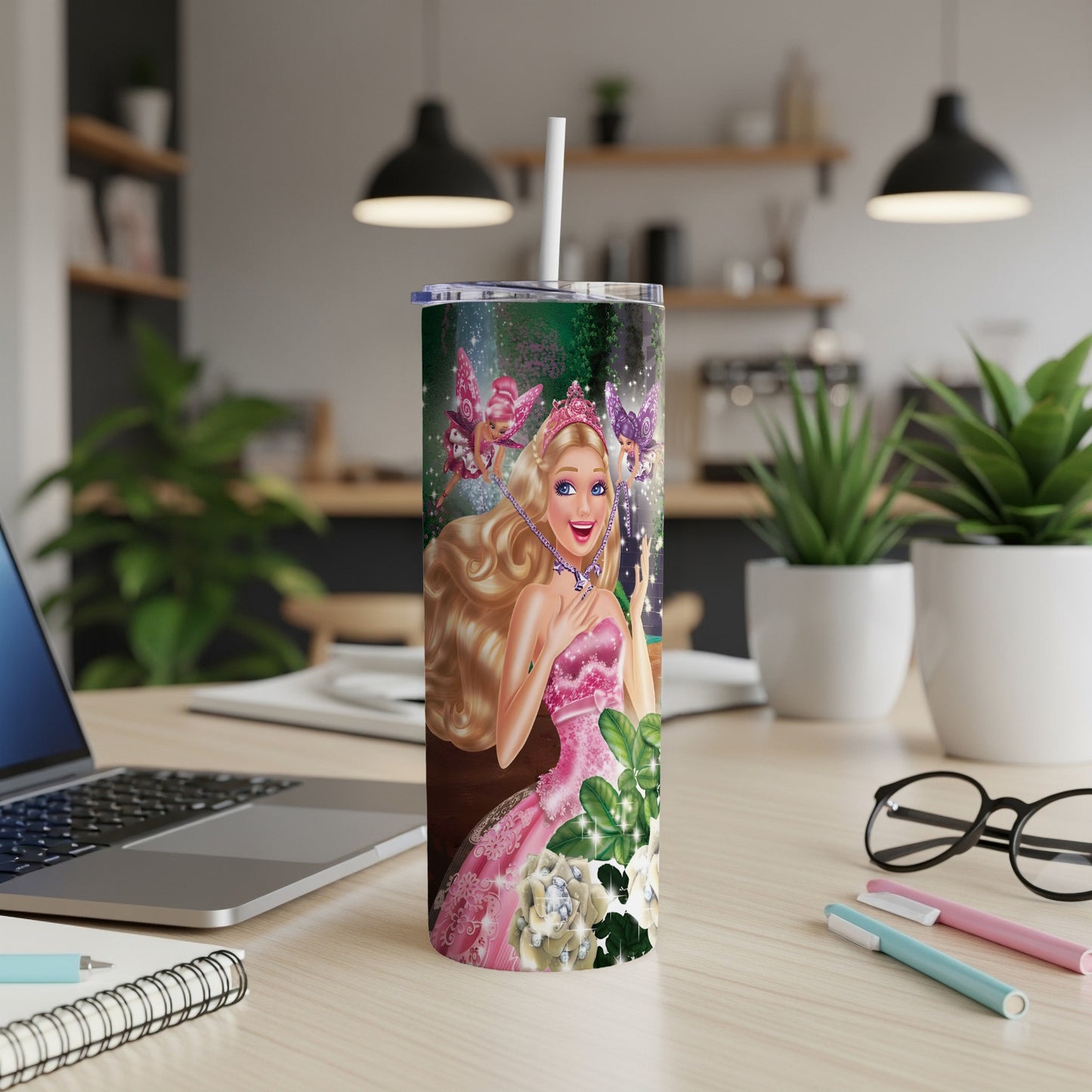 Barbie in a pink dress with fairies, on a glittery tumbler.
