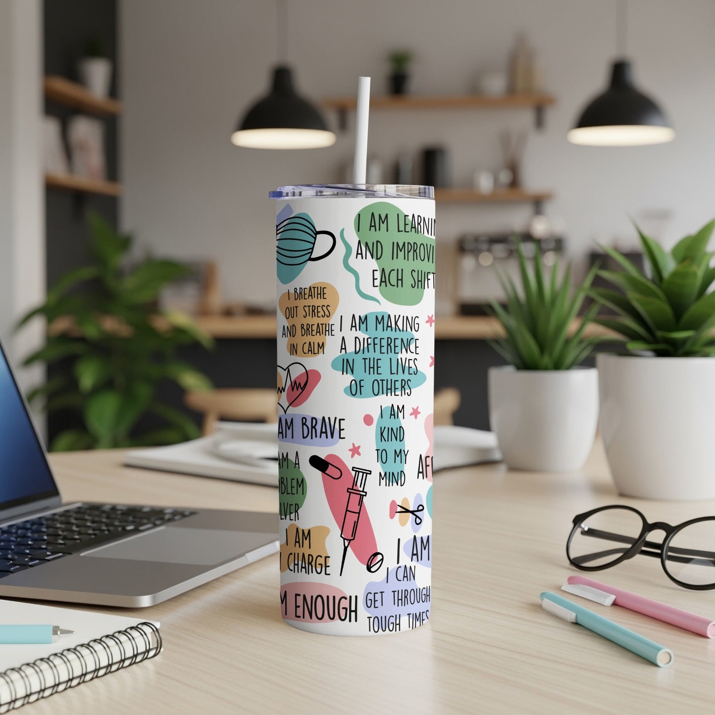 Tumbler with mask, brain, heart, and inspirational text about nursing.