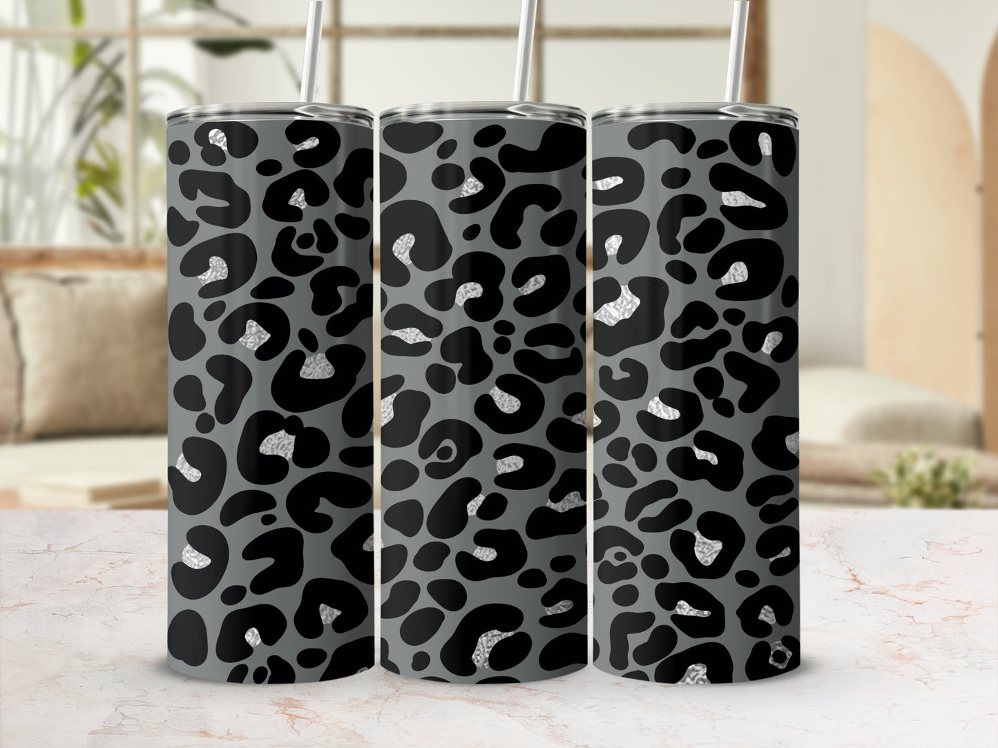 Stylish Black and Grey Leopard Print Tumblers
