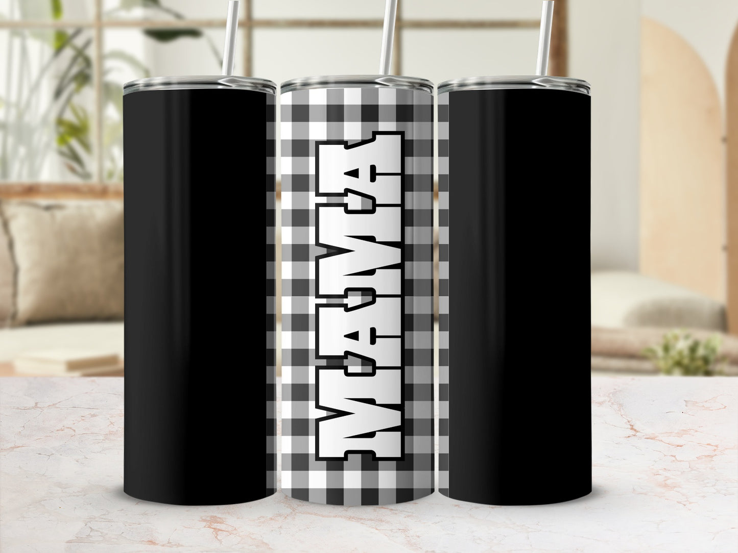 Black and White Checkered Mama Tumbler Cup
