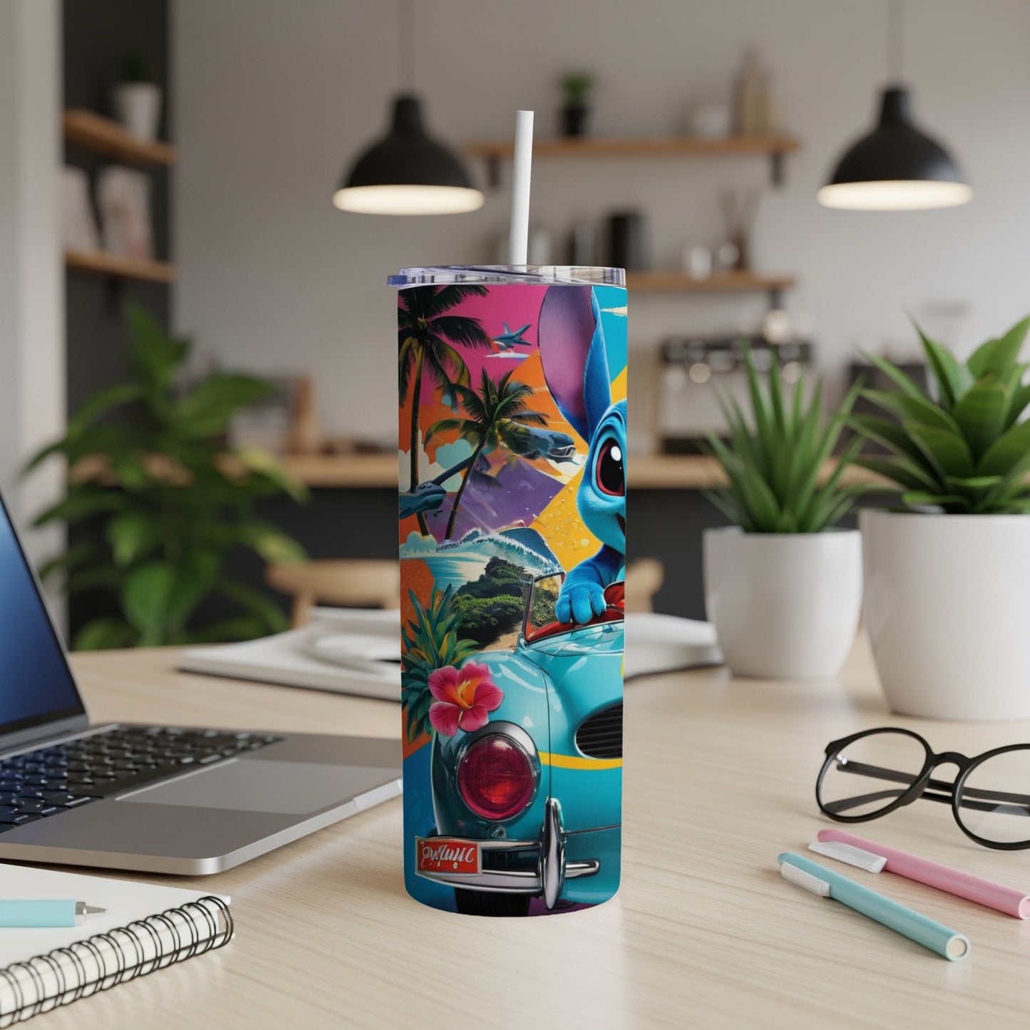 Stitch driving a blue convertible through a tropical landscape on a skinny tumbler.