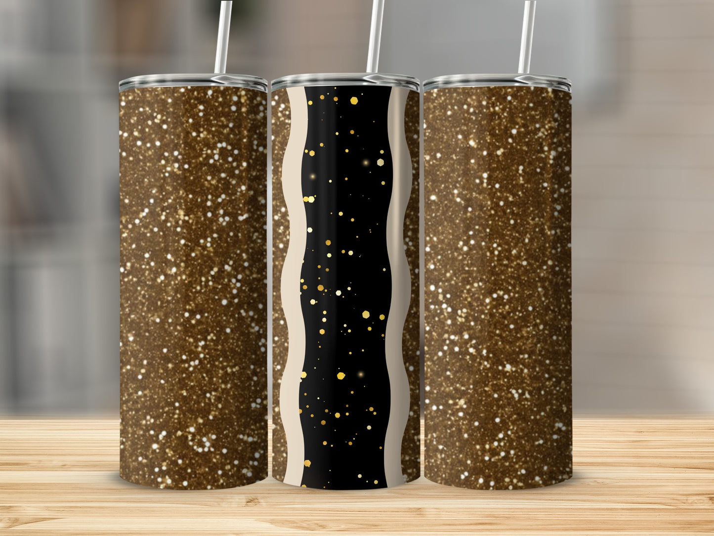 Three glittery tumblers with black and gold wavy accent.