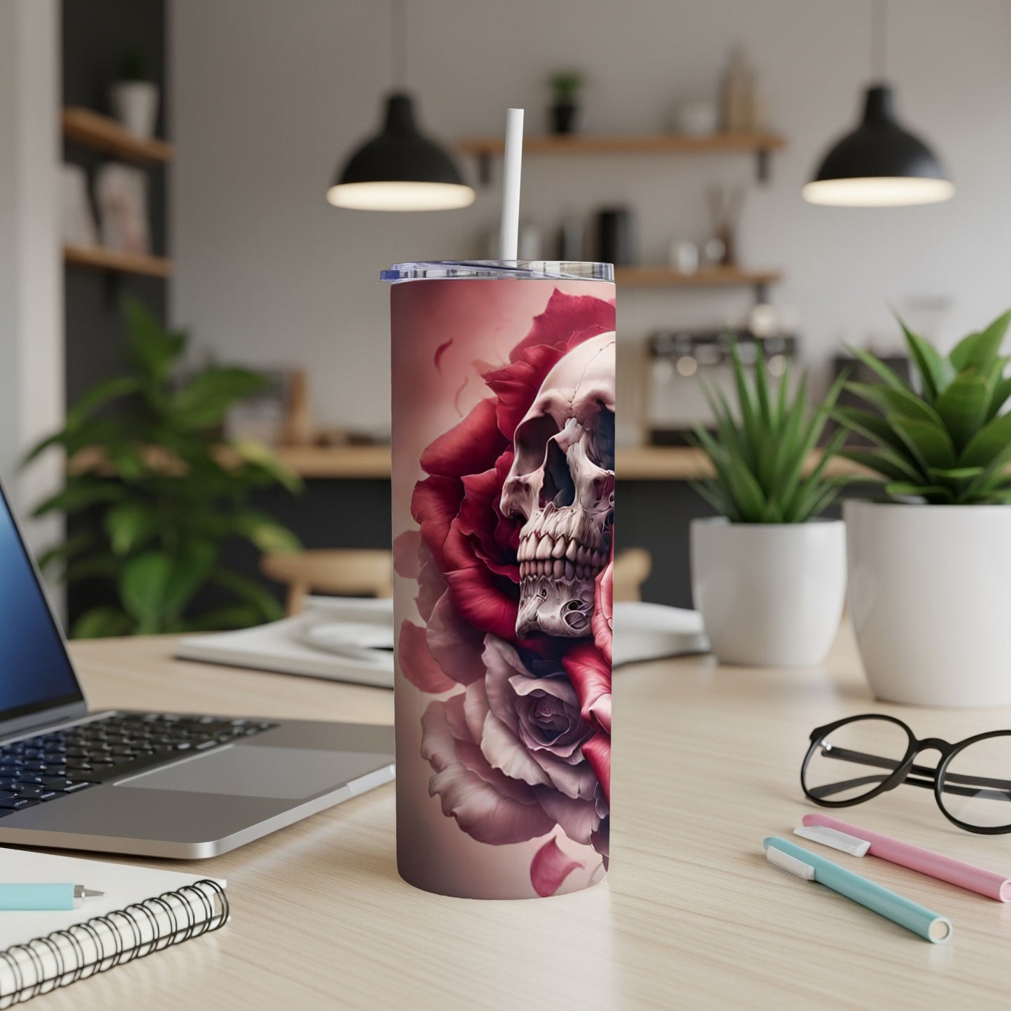 Tall tumbler with skull and red roses design.